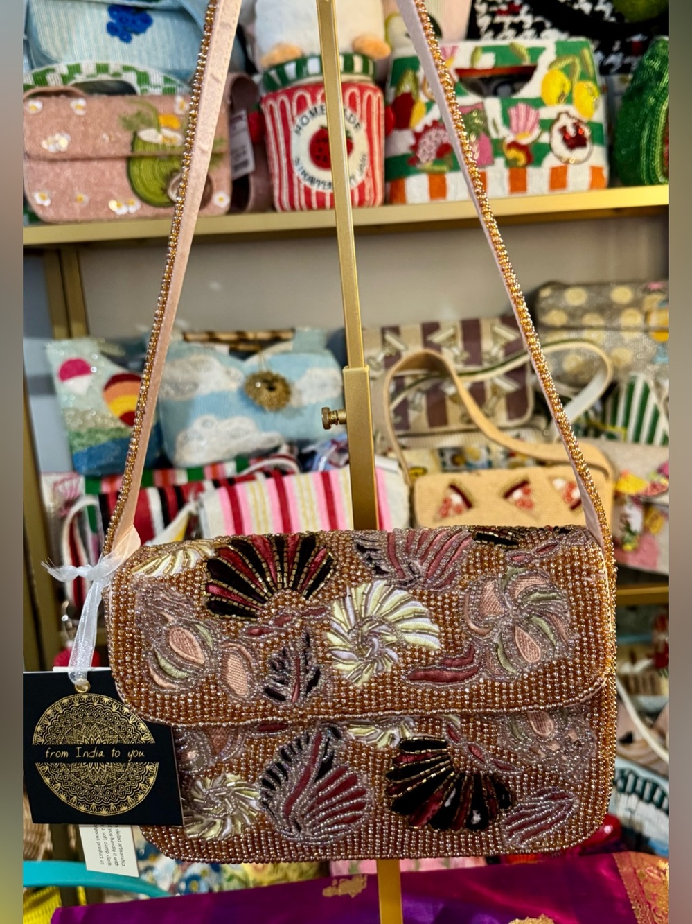NWT Handcrafted In India Beaded Seashell Metallic Shoulder Bag Purse